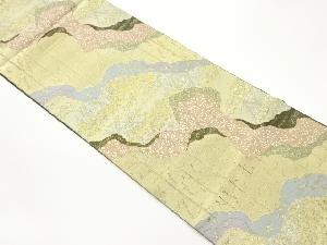 服部織物製　霞に花唐草・格子模様織出し袋帯